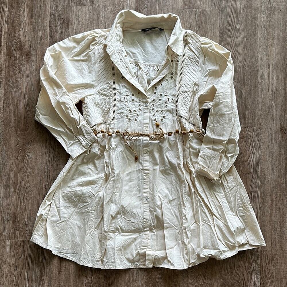 Zara Belted Eyelet Embroidered Shirt Dress Cream Size XS